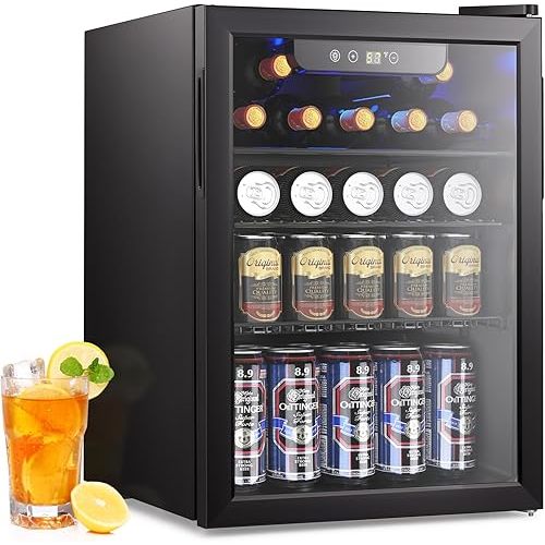 Electactic 2.6 Cu.ft Beverage Refrigerator Cooler, 95 Can Mini Fridge Glass Door with Adjustable Shelves, Digital Temperature Display, Freestanding Small Drink Fridge for Home, Office or Bar(Black)