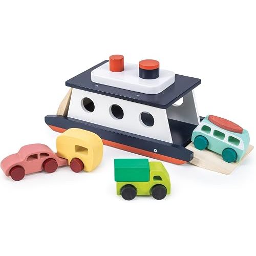 Mentari Toys - Car Ferry - Wooden Boat Set with 4 Vehicles - Includes Car, Caravan, Campervan, and Truck - Interactive Loading & Unloading Toy for Fine Motor Skills, Gift for Toddlers Age 3+