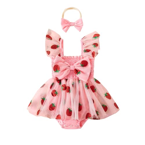 PUHHAPIEY Newborn Baby Girl Outfit Strawberry Shortcake Dress Romper Cherry | Strawberry Cake Smash Onesie Outfit, Ruffle Bow Design, Mesh Tulle Dresses, Summer Clothes for 3 6 12M, Headband