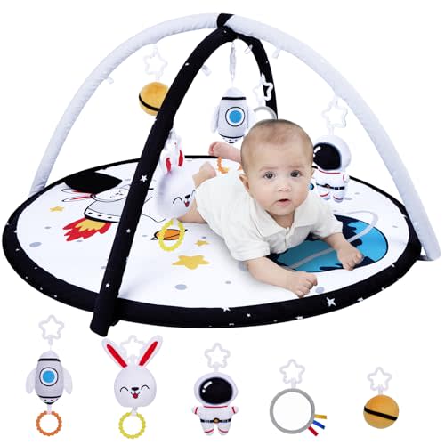 Lovvie & Joy Baby Play Activity Gym Tummy Time Mat for Newborn Infant,Baby Gyms & Playmats for Babies 0-6 9 12 Months with 5 Toys for Early Sensory Exploration and Motor Skill Development Space