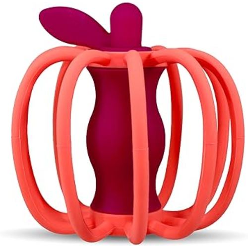 RaZbaby RaZ-Apple Silicone Teether & Rattle Toy – Soft, Flexible & Easy to Hold, Soothing Sounds for Entertainment, Textured for Teething Relief, Nipple-Shaped Stem for Comfort – BPA-Free, 3M+