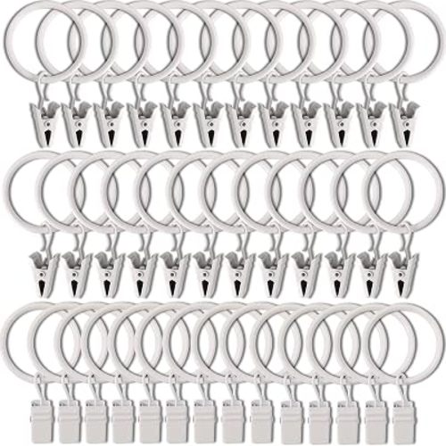 WeeksEight 40 Pack White Curtain Rings with Clips, Curtain Hooks Hangers Clip Rings for Hanging Drapes Bows Hat, Drapery Rings 1.26 in I D, Fits up to 1 in Diameter Curtain Rod.