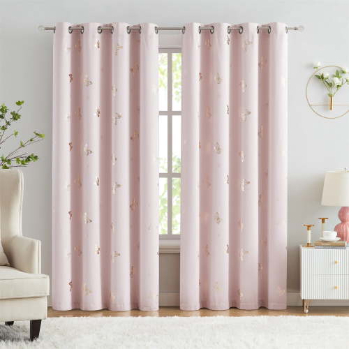 Flowpartex Pink Butterfly Blackout Curtains 2 Panels 84"L×52"W for Baby Girls Nursery Bedroom, Kids Gold Metallic Floral Print Room Darkening Window Drapes for Bedroom Living Room