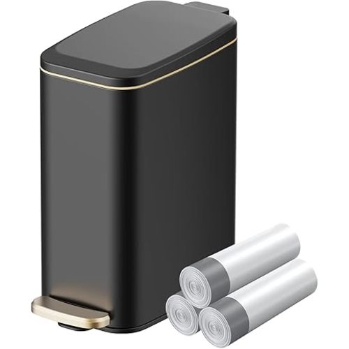 KUK Slim Bathroom Trash Can with Lid, 1.6 Gal / 6L Stainless Steel Small Garbage Bin with Detachable Inner Bucket, Step Pedal, Silent Close, Wastebasket for Toilet, Bedroom, Home, Office (Black)