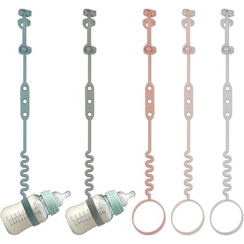 Baby Bottle and Sippy Cup Straps - Adjustable Straps Attach with Strollers, High Chair, Shopping Cart - Food Grade Silicone - Dishwasher Safe (5Packs, Color 1)