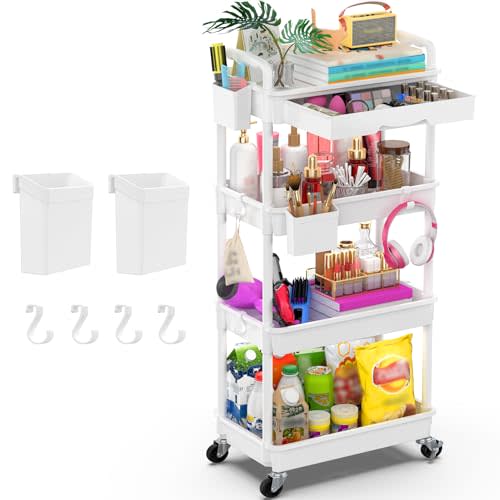 Goovilla 4 Tier Rolling Utility Cart Organizer with Removable Drawer, Stable and Sturdy White Rolling Storage Carts with 2 Lockable Wheels for Bathroom, Kitchen, Snack, Craft, Makeup, Baby Essentials