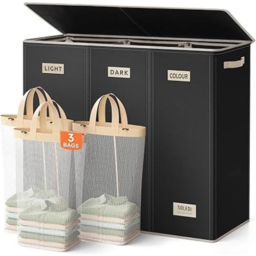 SOLEDI 200L 3-Section Laundry Hamper with Lid, Extra Large Dirty Clothes Basket with Sturdy Handles for Laundry Room & Bedroom - Durable Organizer for Sorting Laundry