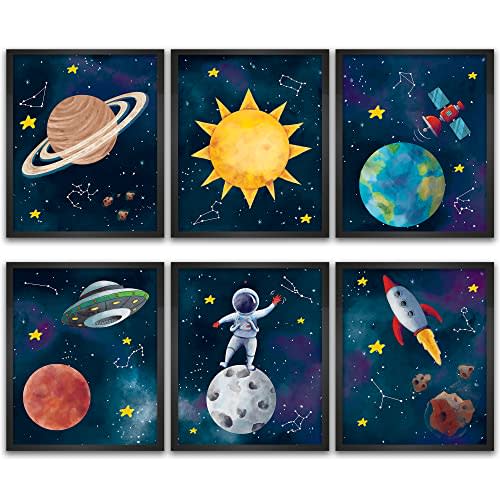 Print'N'Art Outer Space Posters for Boys Room Decor - 8x10 Inches Unframed Set of 6 Girls Bedroom Wall Art - Space Themed Sun Moon Earth Astronaut Watercolor Prints for Nursery and Kids Room Decor