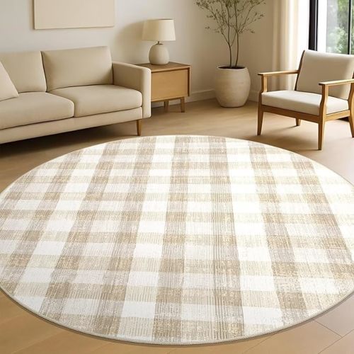 Checkered Area Rug 5 Ft, Washable Round Rugs for Living Room, Modern Neutral Non Slip Indoor Carpet for Bedroom Office Patio Dining Room (Beige)