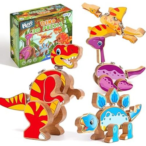 HUZU Dinosaur Building Blocks, Wooden Dino Snap Blocks, Snap Dinosaur Toys for Kids 3-5, 5-8, Fine Motor Skills STEM Kits Educational Learning Building Toys Gifts for Preschool Children