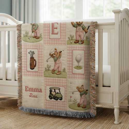 Personalized Golf Baby Blanket | Custom Name & Initial Woven Throw | Teddy Bear Golf Nursery | Baby Girl Gift | Golf Lover Baby Shower