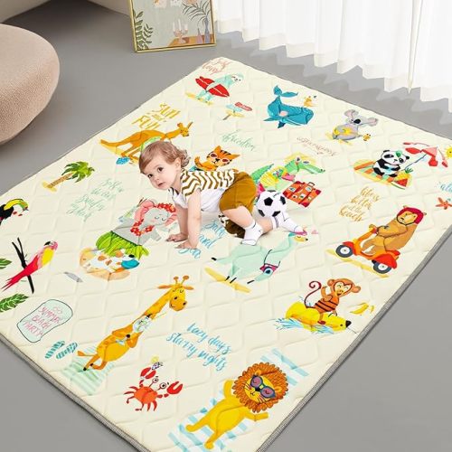 Baby Play Mat - Thicken 71x59 Inch Soft Foam Crawling Mat for Playpen & Floor, Non-Slip Waterproof Playmats for Infants & Toddlers, Portable Foldable & Machine Washable, Dinosaur & Letters