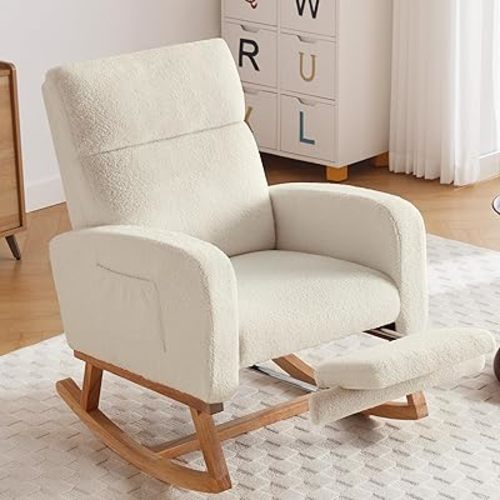 Rocking Chair Nursery, Nursing Rocking Chairs with Foot Rest for Mom Nursery, Rocker Glider Chair with High Backrest for Living Room, Bedroom, Teddy Ivory