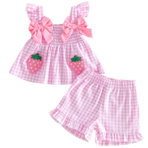 Mubineo Toddler Baby Girl Summer Clothes Cute Ruffle Shirt Tops Dress Shorts Outfits Set Fruit Blouse Princess Outfit
