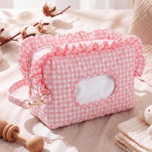Aliceset Pink Ruffle Gingham Diaper and Wipe Pouch Quilted Baby Dispenser Holder Diaper and Tissue Bag Purse Portable Travel Hanging Wet Wipes Bag Diapering Clutch for Car Stroller