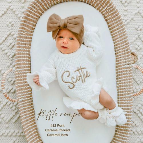 Keepsake Embroidered Knit Ruffle Romper, Personalized Newborn Name Chunky Sweater Romper Baby Girl, Embroidered Newborn Oversized Sweater