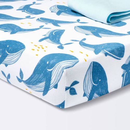 Fitted Cotton Jersey Crib Sheet Whales - Solid Blue - 2pk - Cloud Island™: Animals Pattern, Standard Crib Size, 100% Cotton, Package Quantity 2