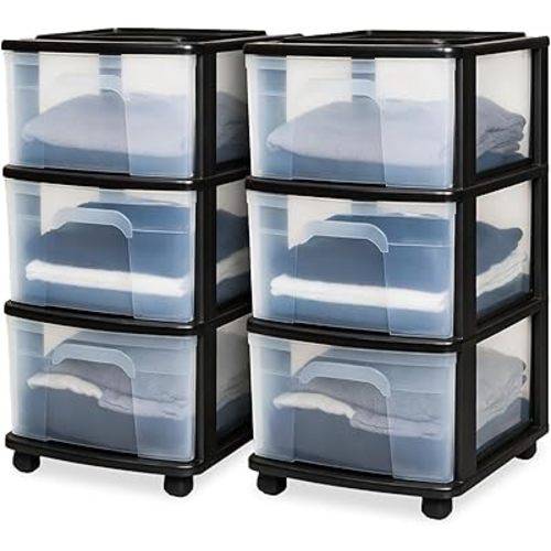 HOMZ Drawer Tower 3-Tier Storage Cart, Removable Wheels, Black Frame,2 Pack