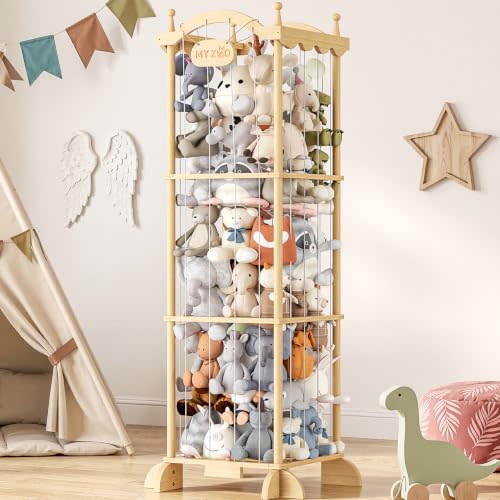 COSYLAND Stuffed Animal Storage Plushies Organizer for Kids Room | Large Pine Wood Plush Toy Holder with Elastic Cords & Nameplate - Cute Castle Toy Zoo for Toddler Room & Corner (Wood)