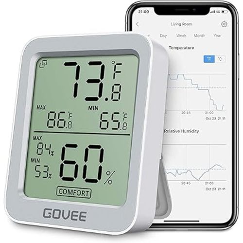 Govee Bluetooth Digital Hygrometer Indoor Thermometer, Room Humidity and Temperature Sensor Gauge with Remote App Monitoring, Large LCD Display, Notification Alerts, 2 Years Data Storage Export, White