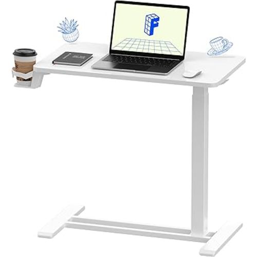 FLEXISPOT H7 Adjustable Overbed Bedside Table with Wheels Pneumatic Mobile Standing Desk Laptop Desk Rolling Computer Cart Movable Overbed Table Hospital Home Use(27.6" W x 15.7" D, White)