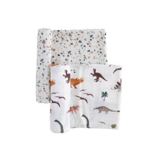Red Rovr Organic Cotton Muslin Swaddle Blanket - Dino Days - 2pk: Animal Prints, 44 x 44 Inches, 0.5 TOG