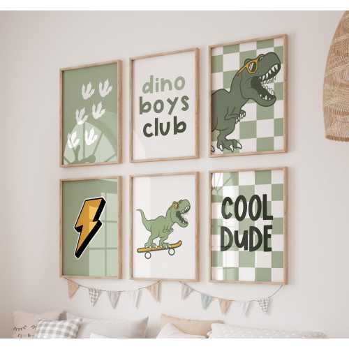 Dinosaur Boys Room Art Prints: boys wall printable, Checkered Dino Decor, Set of 6