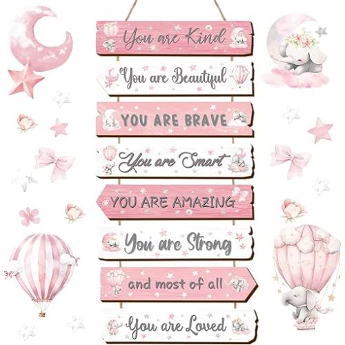 Inspirational Girl Room Decor Aesthetic Art Wall Hanging Sign Inspiring Colorful Rainbow Wooden Decoration for Kids Teens Toddler Boy Baby Bedroom Nursery Dorm Decor, 6-12 Years old (Elephant)