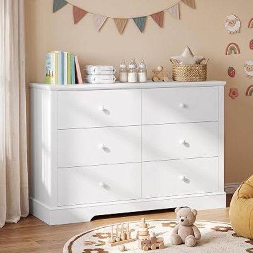 Halitaa 6 Drawer Dresser, White Dresser for Bedroom Baby Nursery, Multi-Functional Chest of Drawers, Kids Bedroom Furniture, Nightstand for Children's Room, White