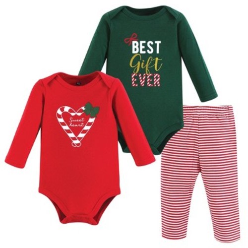 Hudson Baby Infant Girls Cotton Bodysuit and Pant Set, Candy Cane Sweetheart, 0-3 Months