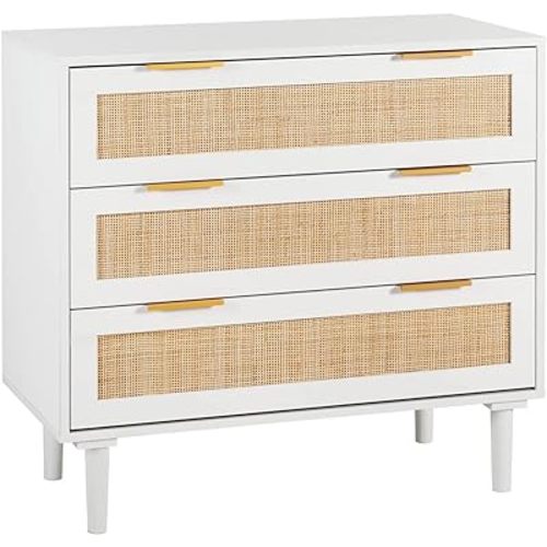 HOPUBUY 3 Drawer Dresser for Bedroom, Rattan Dresser Modern Closet Dressers Chest of Drawers, Wood White 3 Drawer Storage Chest for Kids Bedroom, Hallway, Living Room