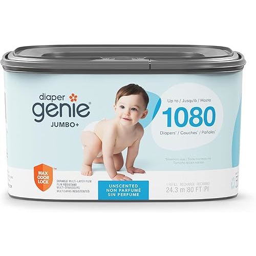 The Diaper Genie Jumbo+ Square Refill, with continuous film, can hold up to 1080 newborn-sized diapers per refill.