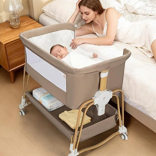 suihuooo 4-in-1 Baby Bassinet, Portable Bassinet Bedside Sleeper with Wheels and Storage Basket, 7 Height Adjustable Breathable Mesh Rocking Bassinet with Mosquito Net for Newborn-Khaki Brown