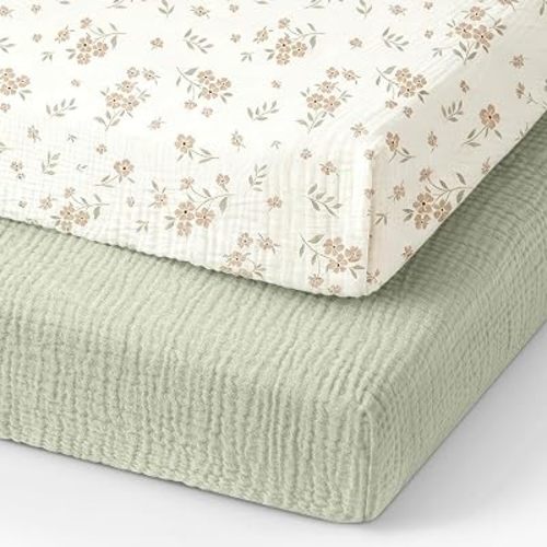 Organic Pack and Play Sheets Fitted 38”x26” 100% Muslin Cotton, Mini Crib Sheets Compatible with Graco/hiccapop/YENING/Dream On Me/Babylicious Pack N Play Mattress, Playard Bedding Sheet Bed Cover