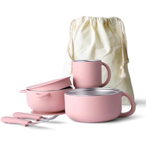 Bakpoco Kids Dinnerware Set - 6 Piese Toddler Plates and Suction Bowls Set with Kids Utensils&Cup, 2 IN 1 Stainless Steel & Silicone Baby Self Feeding Supplies, Blush