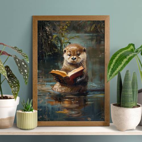 River Wildlife Otter Booklover Poster, Funny Sea Otter Wall Art, Lake Life Prints, Kids Room Decor, Reading Lover Gift, Wild Animal Nursery