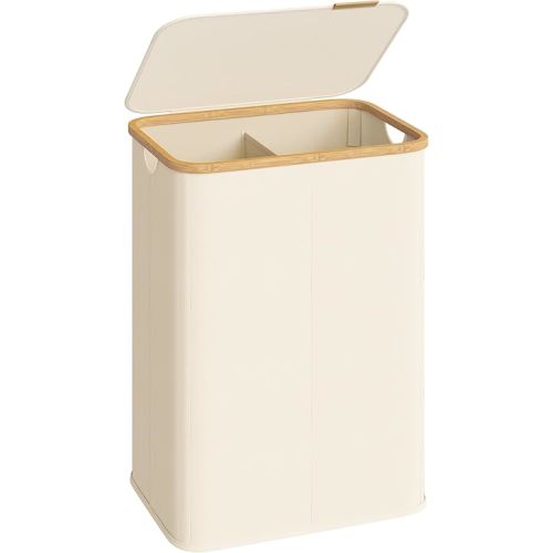 SONGMICS Laundry Hamper, Laundry Basket with Lid, Foldable Storage Basket, Bamboo Frame, for Bedroom, Living Room, Oxford Fabric, 37 Gal. (140 L), Cream White ULCB519WD01