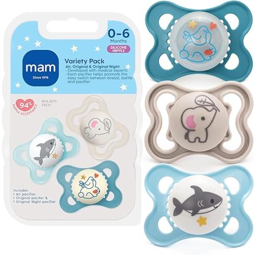 MAM Variety Pack Baby Pacifier, Includes 3 Types of Pacifiers, Nipple Shape Helps Promote Healthy Oral Development, 3 Pack, 0-6 Months, Boy