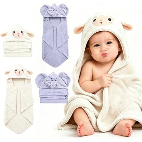 Hooded Baby Towel- Large Baby Towel with Hood（31.5 x 31.5 Inch）, Natural toddler towels,Ultra Soft and Absorbent Coral Velvet Coral Fleece Bath Towel for Infants, Newborns, Toddlers (Sheep-Elephant)