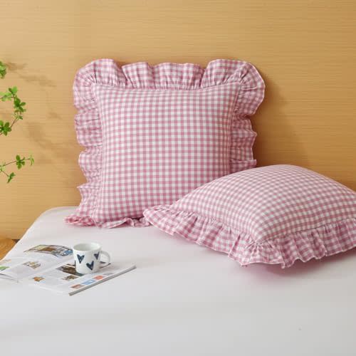 2 Pack Vintage Pink/White Plaid Ruffle Throw Pillow Covers,100% Washed Cotton Farmhouse Gingham Decorative Pillow Shams Checkered Pillowcases for Bed,Sofa，Living Room-24" x 24"
