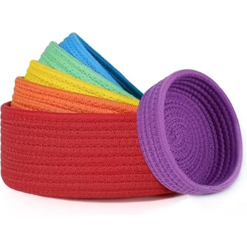 6 Pack Woven Storage Baskets for Organizing, Cotton Rope Rainbow Baskets for Shelves, Cute Colorful Cubby Round Bins, Home Decor Closet Organizer