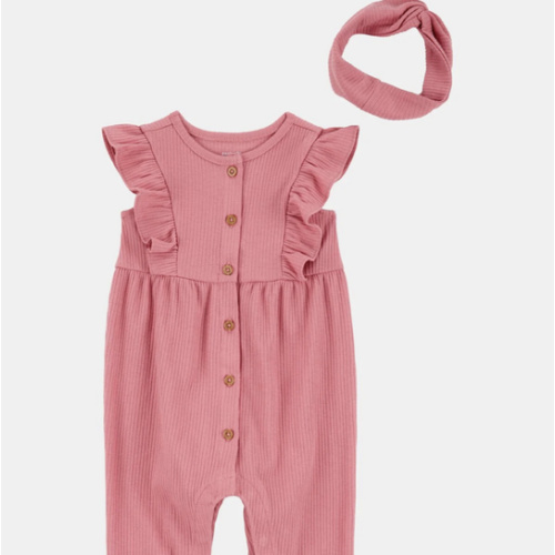 Baby Girl 2-Piece Solid Flutter-Sleeve Relaxed Fit Jumpsuit & Headwrap Outfit Set - Pink
 | Carter's