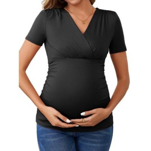 INSPIRE CHIC Women's Summer Nursing Blouse V Neck Short Sleeve Maternity Ruched Tops Reddish Brown Medium