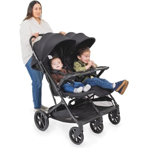 Joovy Kooper RS2 Lightweight Travel Double Stroller Featuring Dual Snack Trays, One-Handed Fold, Multi-Position Reclining Seats, Adjustable Leg Rests, and 2 Zippered Pockets for Storage