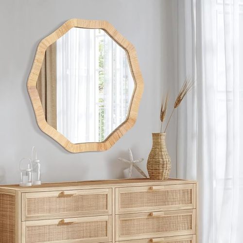 ULIKE Rattan Wicker Mirror for Bathroom, 24 Inch Boho Woven Decorative for Wall, Rustic Farmhouse Vanity Mirror, Geometric Rattan Mirrors for Living Room Entryway Bathroom Bedroom