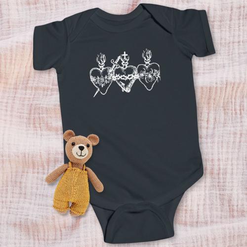JMJ Three Hearts Baby Bodysuit - Infant Onesie Sacred Heart of Jesus Mary Joseph Catholic Holy Family Gift Christian Baby Shower Outfit