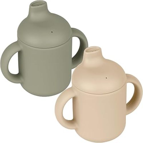 Baby Sippy Cup, 2 Pack of Silicone Trainer Cup Toddler for Boys and Girls, Unbreakable, Spill Proof and Two Handle Learner Cup Sippy Cup for Toddlers, 4oz (Shifting Sand/Sage)