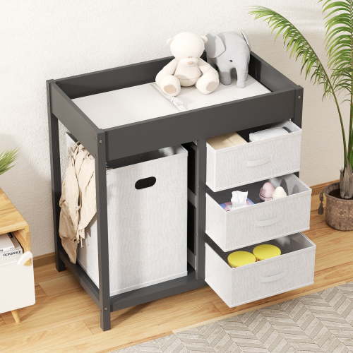 KORIMEFA Baby Changing Table with 3 Storage Drawers & Hamper , Portable Diaper Station, Space-Saving Nursery Organizer , Easy Assembly (Gray)