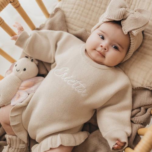 Personalised Ruffled Leg Romper | beige Frill Romper – TheGrayBearCompany