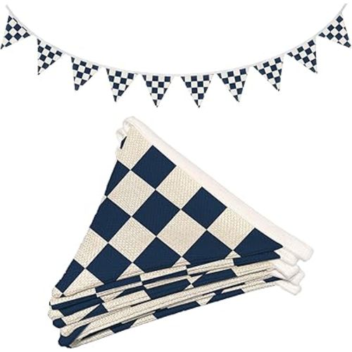 Boys Room Wall Art Decor,Cars Room Decor for Toddler Nursery Playroom,Navy Blue and White Checkered Garland Pennant Banners,Racing Flags 11Ft Bunting Flags Fabric for Baby Shower Birthday Party